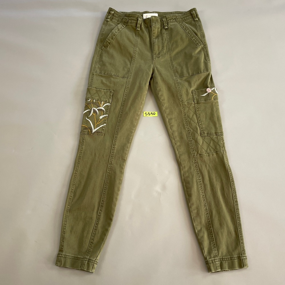 Anthropologie Embroidered Skinny Cargo Pants Olive Green Utility Floral Size 27